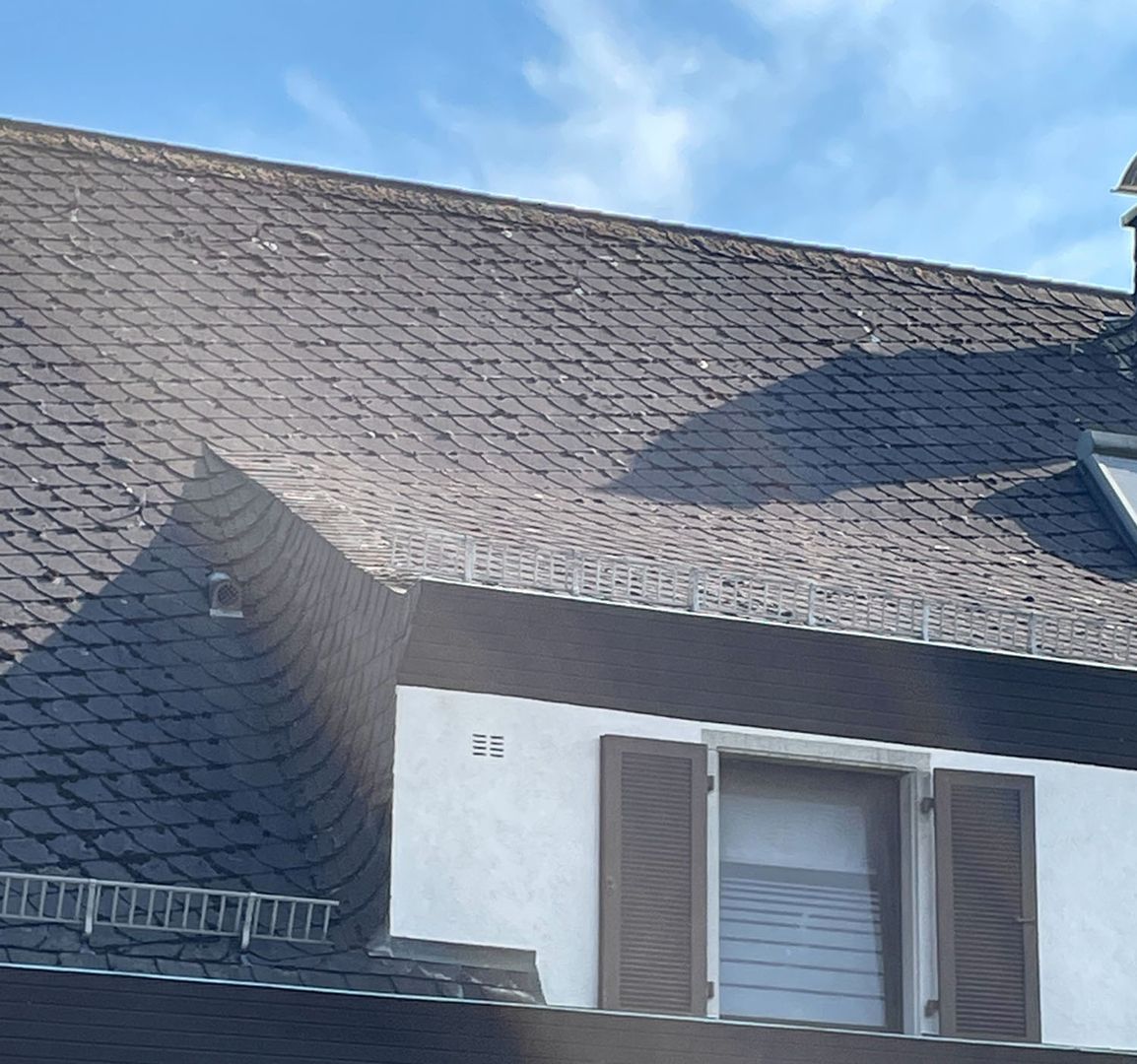 Ein dunkles Schrägdach was von der Sonne beleuchtet wird