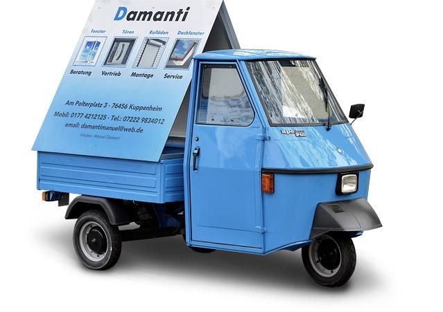 Abbildung eines kleinen Lastwagens mit dem Schriftzug "Damanti" und Werbung an der Seite.